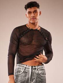 FeverCity 男士时尚性感透视网眼金属孔眼长袖T恤 - 黑色 - 查看 4