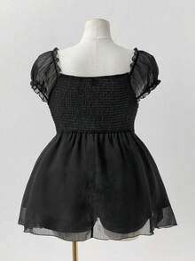 SHEIN CURVE+ Áo kiểu nữ cỡ lớn cổ tim viền ren phong cách lễ hội Coachella - màu đen - Xem 2