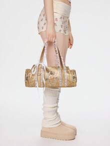 ROMWE Fairycore Vintage Cute Bowknot Pattern Lace Decor White Round Handbag, Shoulder Boston Bag For Women, Girly Style - Brown - View 5