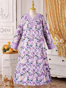 SHEIN Explorewe 女童数码印花V领长袖连衣裙，饰有花朵滚边，适合春夏日常、度假和休闲穿着。 - 淡紫色 - 查看 3