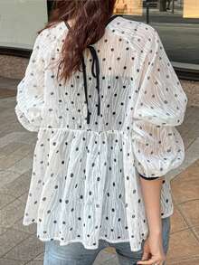 FRIFUL Women's Solid White Sheer Fabric Layered Polka Dot Textured Tie Neck Bow Loose Casual Blouse - White - View 2