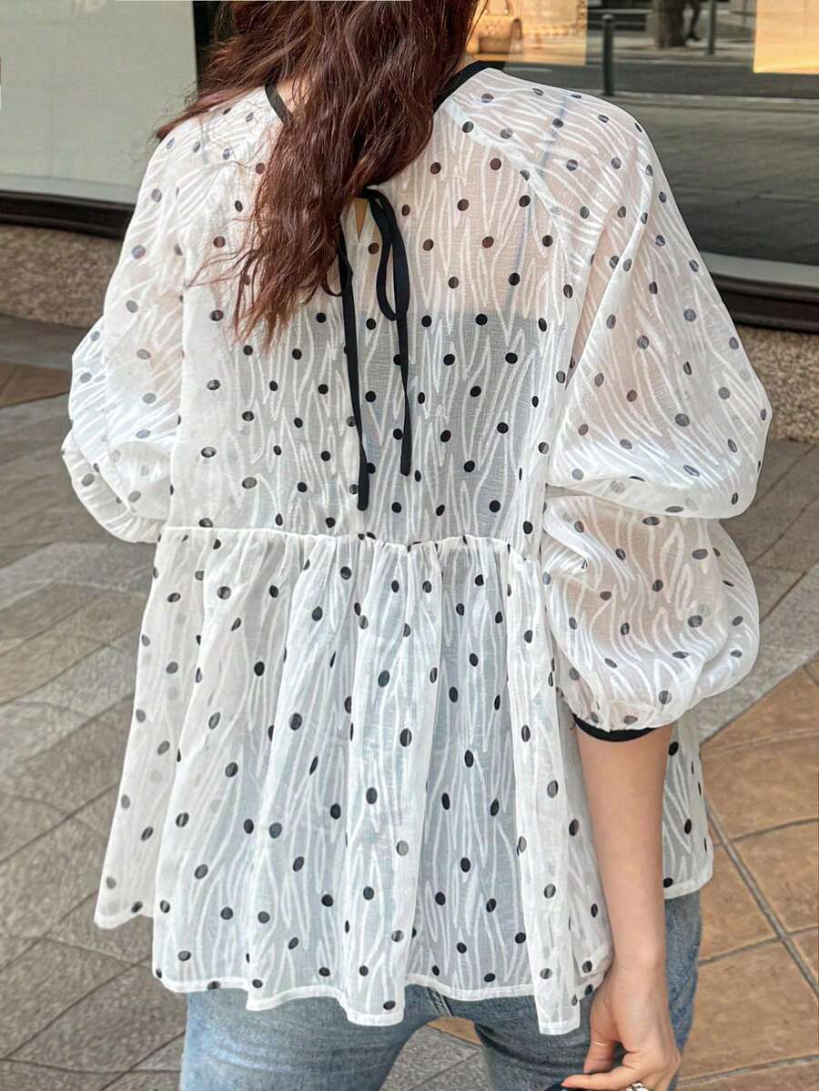FRIFUL Women's Solid White Sheer Fabric Layered Polka Dot Textured Tie Neck Bow Loose Casual Blouse - White - View 1