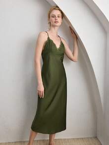 Ocili Comfortable Bohemian Satin Lace V-Neck Spaghetti Strap Maxi Dress, Women Sleepwear - Green - View 4