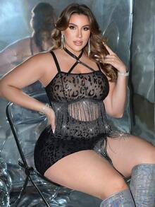 MidnightGlam Plus Size Luxurious Lace Flocked Patchwork Fringe Trim Wireless Lingerie Dress With G-String 2pcs Set - Black - View 4