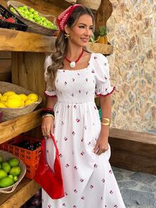 Selianne Plus Size Floral Print Scoop Neck A-Line Dress, Pink Striped, Sweet Style, Spring/Summer - Multicolor - View 4