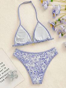 SHEIN 复古印花细肩带比基尼套装，适合少女夏季海滩度假；杏色针织纹理贝壳装饰挂脖三角比基尼套装；夏季海滩装扮；蓝白随机印花挂脖比基尼套装；夏季海滩泳装 - 藍色 - 查看 2