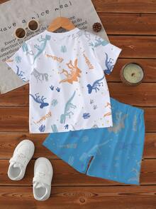 SHEIN Streecool Kids Bộ đồ cho bé trai gồm áo thun ngắn tay và quần short in hình khủng long, trang phục thường ngày, thích hợp cho mùa xuân/hè. - Nhiều màu - Xem 2