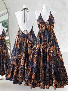 Franclia Plus Size Boho Halter Neck Sleeveless Multicolor Floral Print Long Flared Woven Beach Vacation Dress - Multicolor - View 2