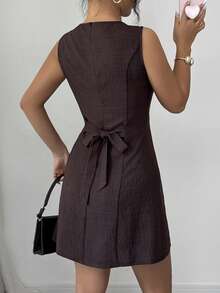 Almamuse 女士新款无袖圆领露背系带短裙，简约百搭休闲学院风 - 棕色 - 查看 2