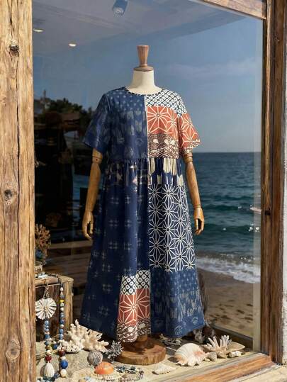 EMERY ROSE Plus Size Short Sleeve Waist Pleated Side Pockets Floral Print Loose Maxi Dress, Suitable For Music Festival, Boho Style, Spring/Summer\Vacation  Summer Dress  Summer Outfits Summer Clothes Spring Dress Spring Outfit Women Spring Clothing Country Style For Women Country Dress For Women Vacation Outfits Women  Seaside Retro Mannequin Window Display