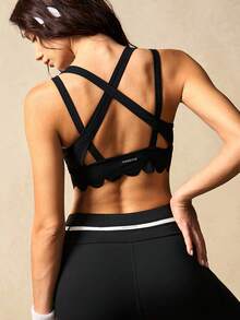 VARSIVA 女士极简贝壳饰边交叉后背运动文胸，夏季 - 黑色 - 查看 2