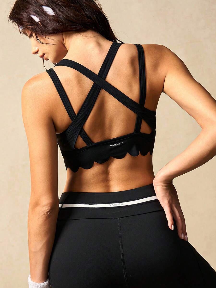 VARSIVA Women's Solid Black Sports Bra, High-Support Sports Bra, Sports Bra With Elegant Lace Hem. Suitable For Fitness, Yoga, Pilates, Running, And Everyday Wear. It's Suitable For All Seasons. - Black - View 1