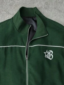 STYNVO 男士休闲字母印花拉链外套和裤子套装，秋季男士运动服套装，男士慢跑裤套装，男士运动套装，慢跑服 - 墨綠色 - 查看 5