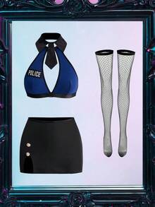 Fantasy Costume 6pcs Women's Sexy Costume Set Including Tie, Bodycon Slit Skirt And Fishnet Stockings - Navy Blue - View 6