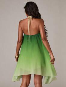 SHEIN BAE 女士性感露背A字不对称下摆渐变印花连衣裙，适合休闲度假，性感俏皮，Y2K风格，甜美性感绿色连衣裙 - 綠色 - 查看 2