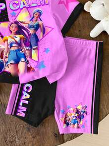 SHEIN 两件套少女字母卡通印花短袖T恤和短裤，休闲简约夏季套装，适合校园、运动、户外、街头风、居家穿着。 - 彩色 - 查看 5