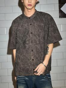 ROMWE MEN Street Life Men's Single-Breasted Short Sleeve Brown PU Shirt - Brown - View 1