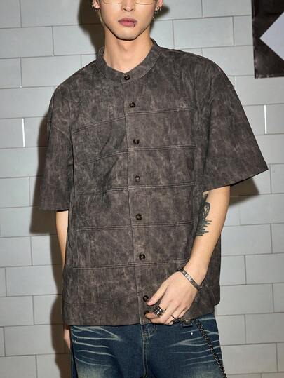 ROMWE MEN Street Life Men's Single-Breasted Short Sleeve Brown PU Shirt