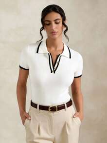 Briarwyn Women's Contrast Trim Half-Zip Casual Short Sleeve Knit Top - White - View 6