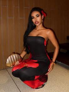 Slaydiva 新款春夏音乐节情人节休闲简约基础款Y2K街头甜美网红热销日常约会辣妹风性感休闲优雅生日派对无肩带定位红色花朵满印黑色修身长裙H型长裙女式长裙 - 黑色 - 查看 12