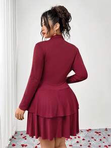 SHEIN PETITE CURVE Đầm dạ hội hai lớp dài tay cổ cao ôm sát, co giãn, dài đến đầu gối dành cho nữ cỡ lớn, thanh lịch, phù hợp cho các buổi đi chơi thường ngày, đi làm, mặc hàng ngày và ngày Valentine. - Đỏ - Xem 2