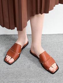 CUCCOO BIZCHIC Women's Rivet Design Casual Fashionable Slip-On Flat Sandals - Camel - View 5