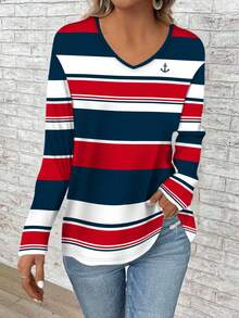 EMERY ROSE Nautical Striped Print Plus Size V-Neck Long Sleeve Loose T-Shirt, Suitable For Vacation - Multicolor - View 3