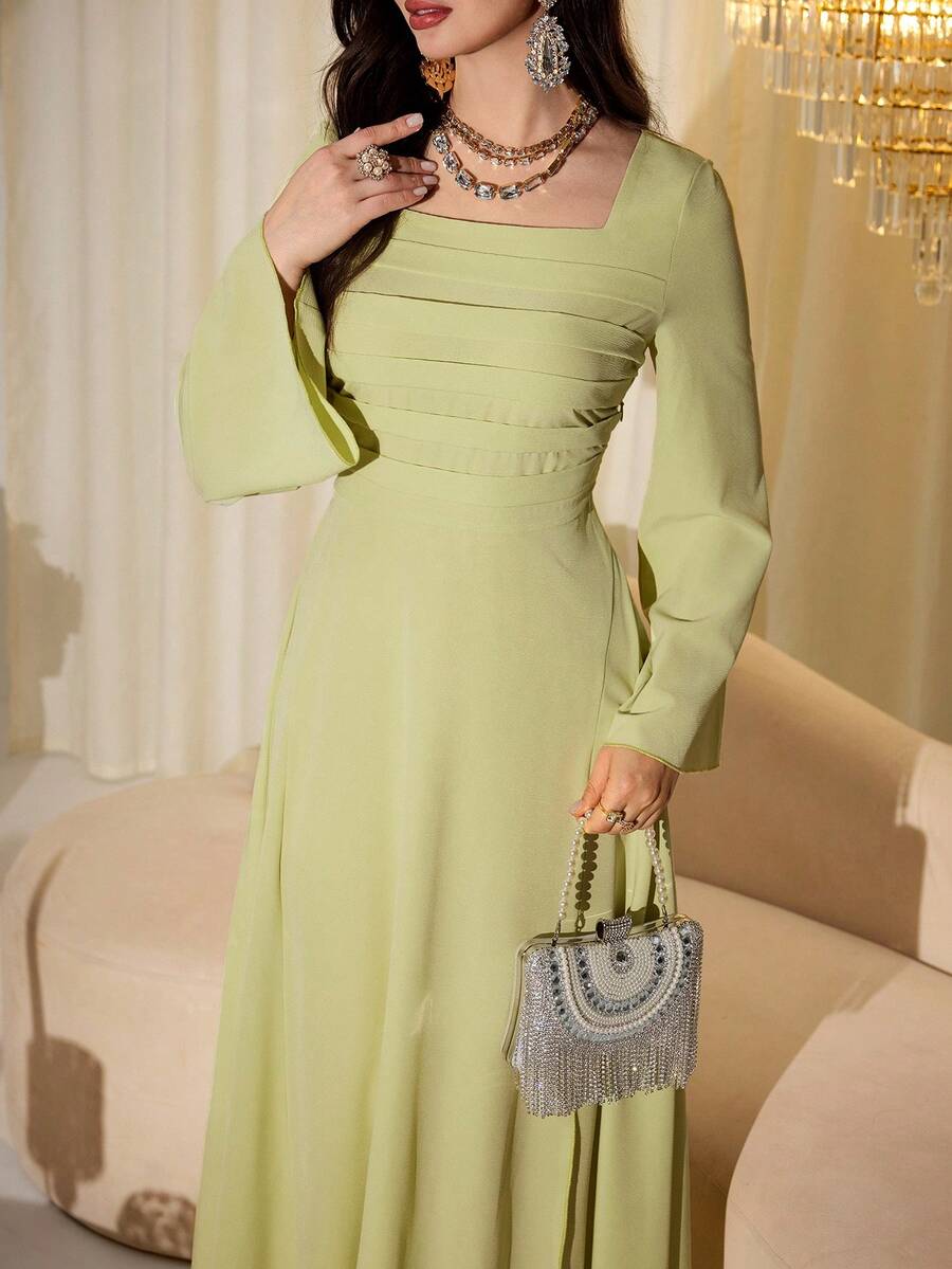 Modelyn Women's Elegant V-Neck Cutout Flared Long Sleeve Blue Dress - Green - View 1