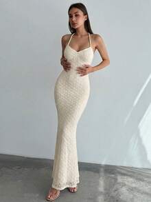 Aloruh Đầm maxi nữ thanh lịch màu mơ chấm bi dệt jacquard hở lưng, trang phục mùa hè, đầm maxi đi biển buộc dây, trang phục nghỉ mát đi biển cho nữ, phong cách Bohemian. - Màu be - Xem 4