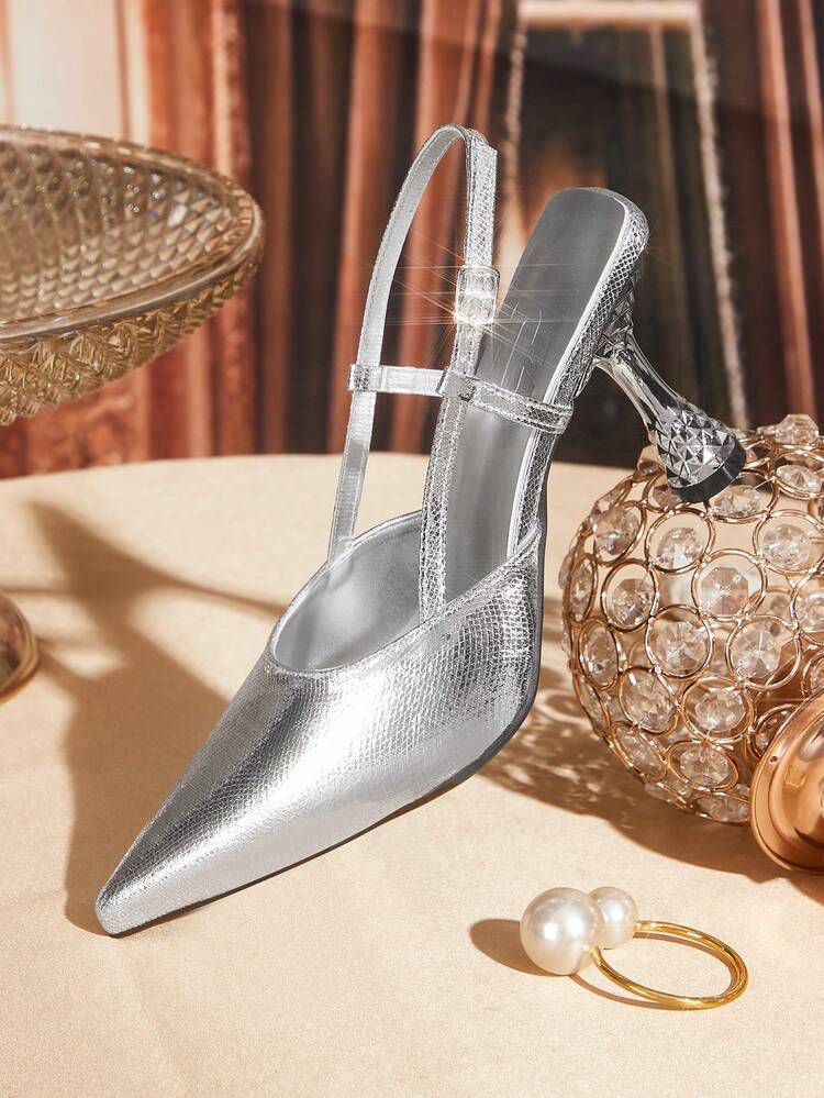 CUCCOO TILAWA Women Shoes Pointed High Heel Wine Glass And Silver Simple Slingback Women's Slingback Shoes Stylish Gorgeous Party Banquet Sexy Women's High Heel Shoes Women's Shoes