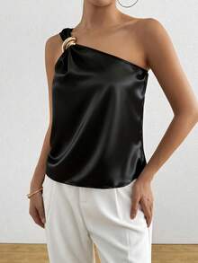 RosyDaze 女士优雅别致简约纯色金属装饰单肩上衣，夏季 - 黑色 - 查看 4