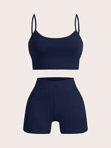 SHEIN EZwear 藏蓝色针织女式运动休闲户外套装，春夏款 - 藏蓝色 - 查看 5