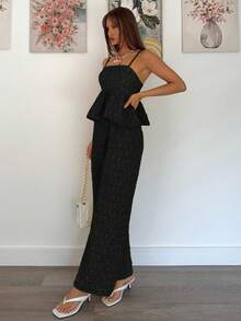 Siren Gaze 2件套女士花卉提花荷叶边下摆吊带背心上衣和裤子 - 黑色 - 查看 4