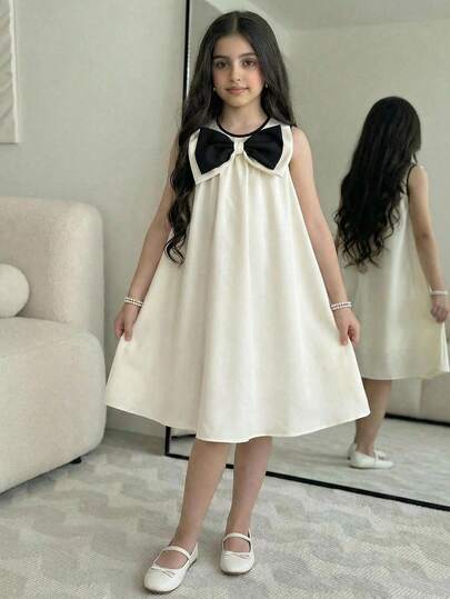 SHEIN 少女休闲时尚都市通勤撞色条纹圆领大蝴蝶结装饰拼接褶皱喇叭下摆伞裙