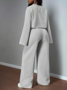 Slaydiva 2025 Autumn/Winter Casual All-Match Versatile Streetwear & Commute 2-Piece Set: Long Sleeve Sweatshirt & Pants, Women's Solid White & Gray Outfit Tall Two Piece Set Brunch 2 Piece Set Wide Leg Pants Set Grey Two Piece Set - Grey - View 6