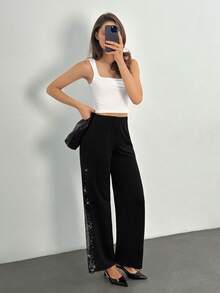 SHEIN Tall Ladies Elegant Mesh & Glitter Splice Black Slim Straight Leg Pants, Fit For Commuting, Casual And Daily Wear, Spring/Summer - Black - View 4