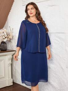 Lacomfia Robe élégante à col rond, manches 3/4 en mousseline de soie avec décoration de strass, grande taille, convient pour toutes les occasions au printemps et en été - Bleu marine - Voir 3