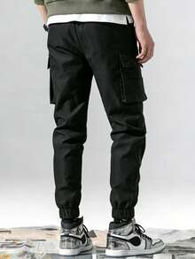 Teen Boy Solid Color Cargo Pants With Multiple Pockets And Ankle Cuffs - Black - View 4