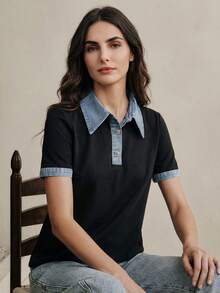 Anewsta 夏季新款假日拼接蓝色梭织 Polo 领短袖牛仔 Polo 衫 - 黑色 - 查看 2