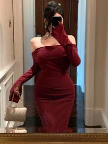 DAZY 女士露肩长袖露背系带修身中长连衣裙 - 酒紅色 - 查看 3