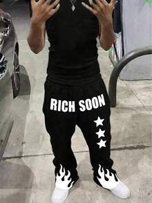 Coolqubz 1件青少年男童休闲直筒针织裤，宽松版型，街头风，面料舒适，适合上学和日常穿着，秋冬季款。 - 黑色 - 查看 3