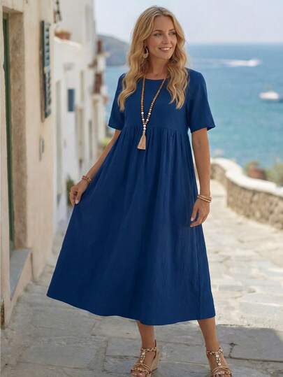 Faunlyn 女士纯色圆领短袖褶皱长裙