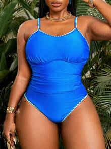 Swim Lushoire Plus Size Women Solid Color Navy Blue Racerback Shark Tooth Edge Sexy Swimwear - Royal Blue - View 1