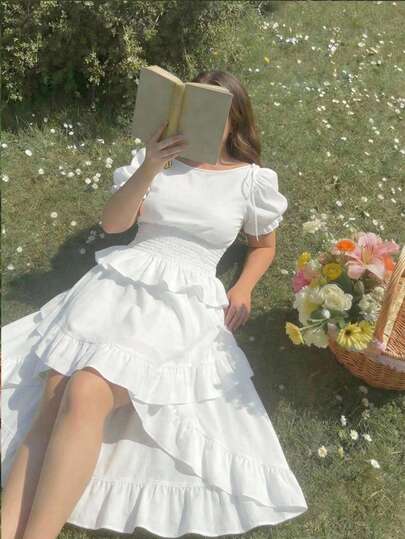 SHEIN MOD Plus Size White Cinched Waist Puff Sleeve Shirred Peplum Top, Bow Decor Sweet Romantic , Resort Shirt, Spring And Summer Vacation, Sister's Tea Party