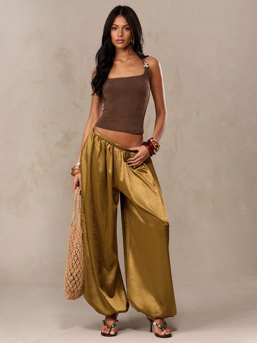 SHEIN BAE Pantalon bouffant en couleur unie à taille élastique, polyvalent et décontracté pour un port quotidien. Pantalon d'été à rayures colorées, pantalon large d'été, pantalon décontracté, pantalon de jogging, pantalon en satin, pantalon bouffant - Vert olive - Voir 1