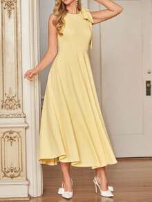 SHEIN Amorya 女士优雅黄色圆领无袖蝴蝶结腰部喇叭裙 - 黃色 - 查看 6