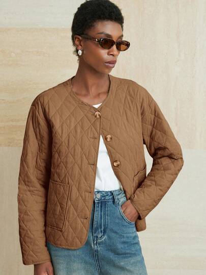 Aveloria Modichic Locker geschnittener Damen Mantel mit Rundhalsausschnitt, Langarm und Polsterung, lässiger Stil mit Taschen