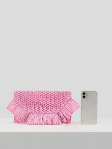 SHECARRY Woven Straw Clutch Bag For Teenagers, Fashionable Clutch Bags For Woman - Baby Pink - View 5