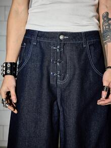 ROMWE MEN Grunge Punk 男士宽松飞机扣阔腿休闲牛仔短裤 - 藍色 - 查看 2