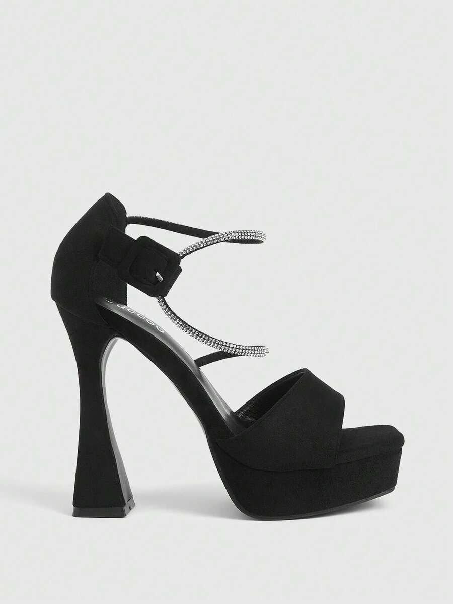 CUCCOO LuxiPop Women's High Heel Sandals, Chunky Heel Waterproof Platform Open Toe Rhinestone Strap High Heels, Elegant Style - Black - View 1